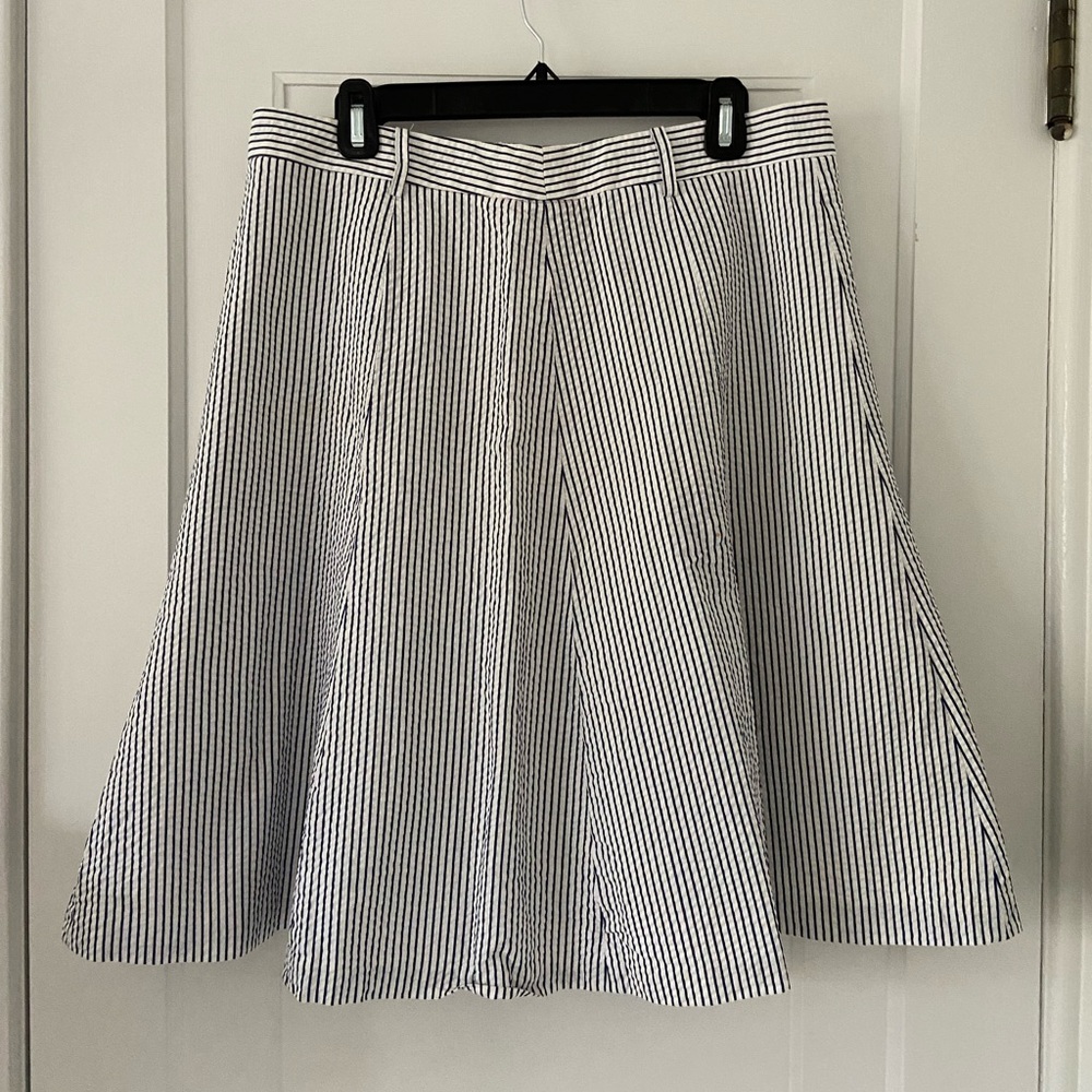 J. Crew navy and white stripe seersucker A-line skirt, size 14